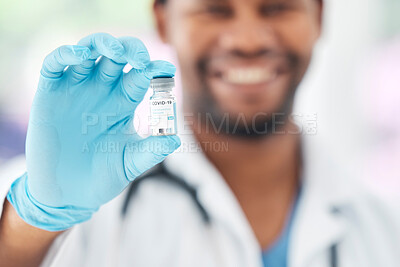 Buy stock photo Doctor, hands and covid sample or vaccine in healthcare, medical or science research at hospital. Hand of GP professional holding vial test, medicine or cure for disease, illness or virus at clinic