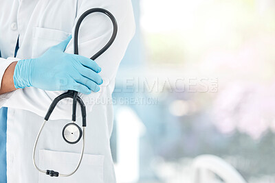 Buy stock photo Doctor, hand and stethoscope for medical healthcare test results in cardiology and medicine. Hospital innovation, research and consulting female in pharmacy help with heart rate test or equipment