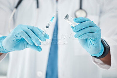Buy stock photo Covid vaccine vial, doctor hands and medical injection, healthcare drug and bacteria safety with medicine booster shot in hospital. Closeup corona virus treatment, immunity support and clinic service