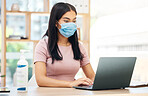Covid, hand sanitizer and laptop with business woman with laptop for bacteria, healthcare and virus prevention. Research, email and internet with employee in office with disinfectant and protection