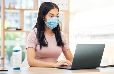 Buy stock photo Covid, hand sanitizer and laptop with business woman with laptop for bacteria, healthcare and virus prevention. Research, email and internet with employee in office with disinfectant and protection