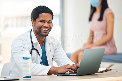Buy stock photo Doctor, laptop and smile for healthcare appointment, checkup or research for insurance or policy at the hospital. Happy medical GP man smiling for medicine, technology or patient data on computer
