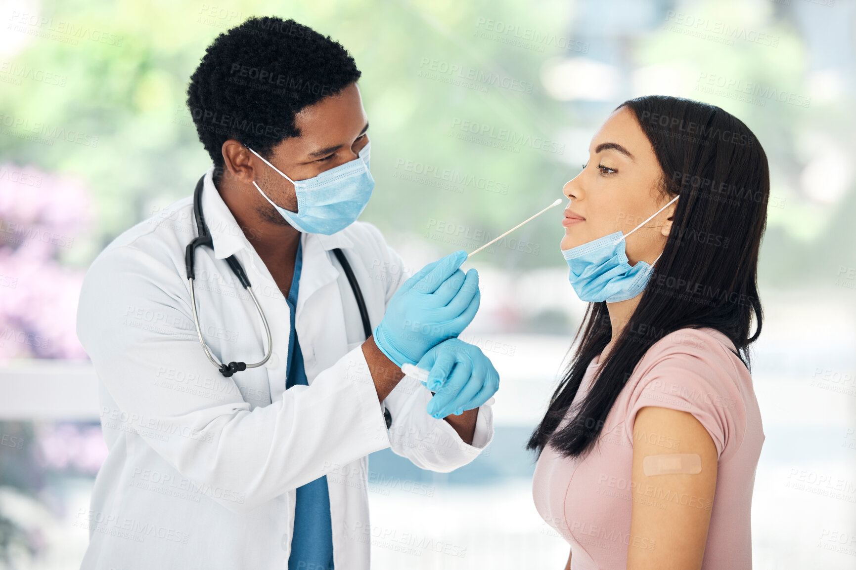 Buy stock photo Doctor, patient and covid pcr, test and appointment in medical hospital with face mask for safety and protection from virus. Healthcare expert with gloves for hygiene while work in covid 19 clinic 