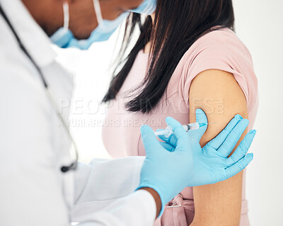 Buy stock photo Healthcare, covid vaccine and doctor with woman in a hospital for injection, immunity and health safety. Hands, nurse and corona vaccination by man health worker, needle and arm of patient in clinic