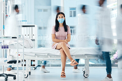 Buy stock photo Covid face mask, woman or doctors in busy hospital for medical wellness, healthcare life insurance or bacteria test. Portrait, waiting or covid 19 patient in safety, security or compliance