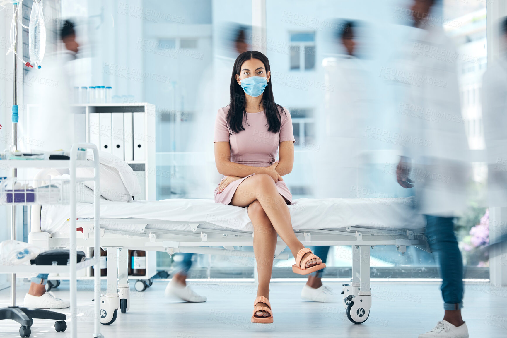 Buy stock photo Covid face mask, woman or doctors in busy hospital for medical wellness, healthcare life insurance or bacteria test. Portrait, waiting or covid 19 patient in safety, security or compliance