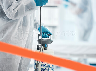 Buy stock photo Cleaning, disinfection and person in hazmat suit in lab with sanitizer to clean germs, virus exposure and spray. Covid, hygiene and medical worker sanitizing hospital, medical lab and clinic in ppe