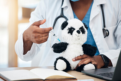 Buy stock photo Pediatrician doctor, teddy bear and vaccine injection, syringe and shot for virus immunity, healthcare clinic and help kids medical service. Pediatrics therapist consulting vaccination for children 