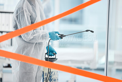 Buy stock photo Warning tape, spray sanitizer in covid hospital and man in job suit for healthcare cleaning to stop bacteria. Cleaner ppe disinfect, covid 19 virus hygiene and health safety risk of corona in clinic