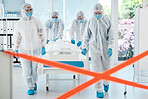 Healthcare doctor, covid patient or quarantine red tape zone with team in hazmat suit for bacteria, sick or dead person in hospital. Medical PPE covid 19 nurse, virus or corona virus safety protocol