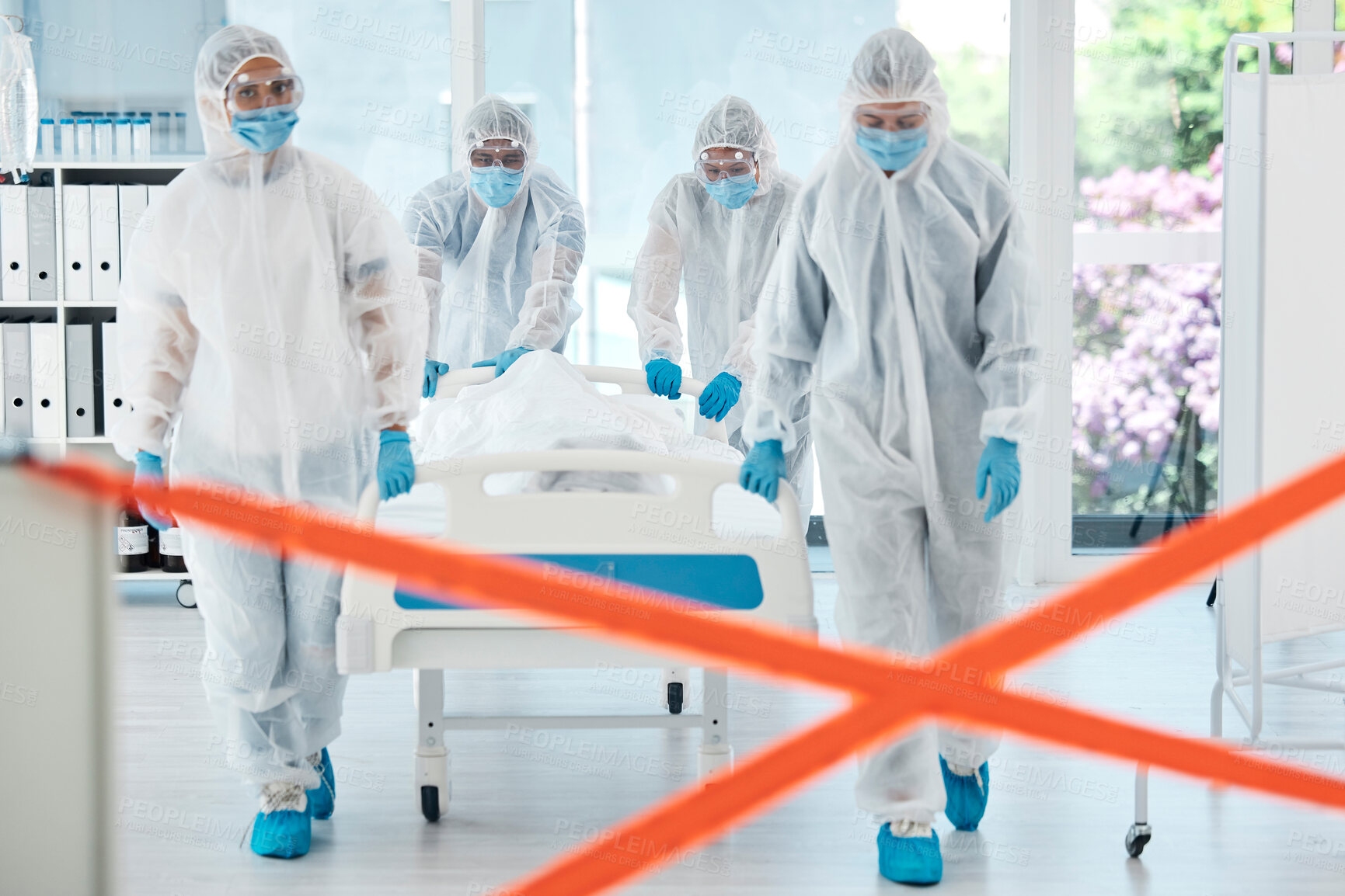 Buy stock photo Healthcare doctor, covid patient or quarantine red tape zone with team in hazmat suit for bacteria, sick or dead person in hospital. Medical PPE covid 19 nurse, virus or corona virus safety protocol