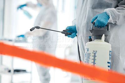 Buy stock photo Covid disinfection, red tape and man in hazmat suit to safety protect from corona virus while cleaning hospital clinic. Contaminated science laboratory, medical ppe or healthcare worker sanitize room