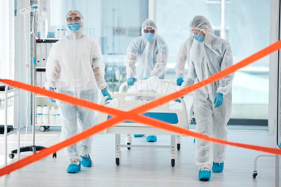 Buy stock photo Covid quarantine, medical team and patient in bed, moving to isolation or test area with warning tape in hospital. PPE suits, safety and healthcare, group of doctors or nurses move body on stretcher.