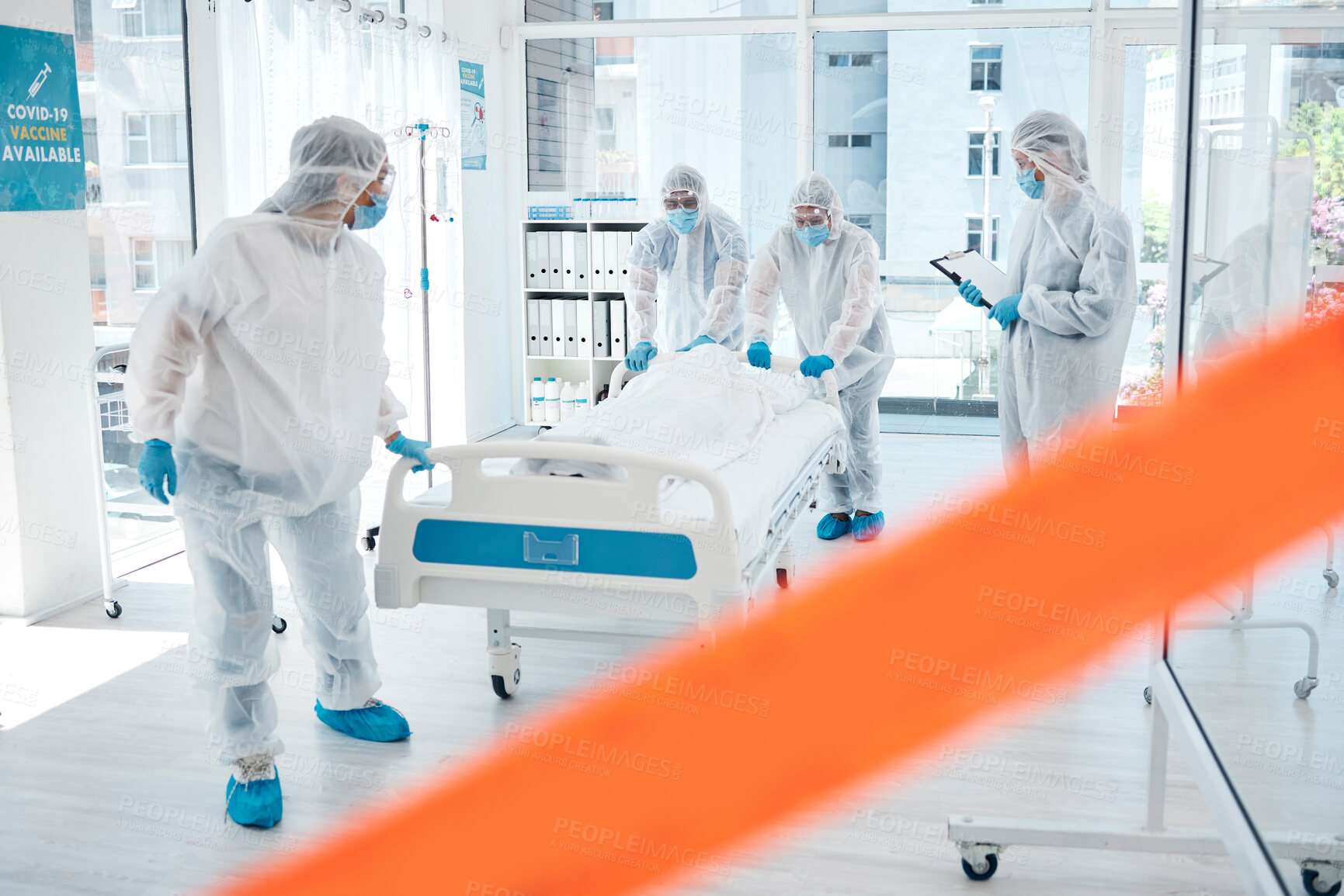 Buy stock photo Health, doctor and covid, quarantine and ppe with face mask for safety at clinic, healthcare and medical professional with patient. Hospital, medicine and virus with pandemic and covid 19 protocol.