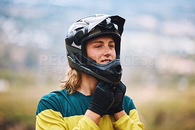Buy stock photo Motor cross, motorcycle sports and man biker ready for a bicycle race or training outdoor in nature. Motorbike helmet, guy and adventure sport person outdoors for fitness, workout and cycling
