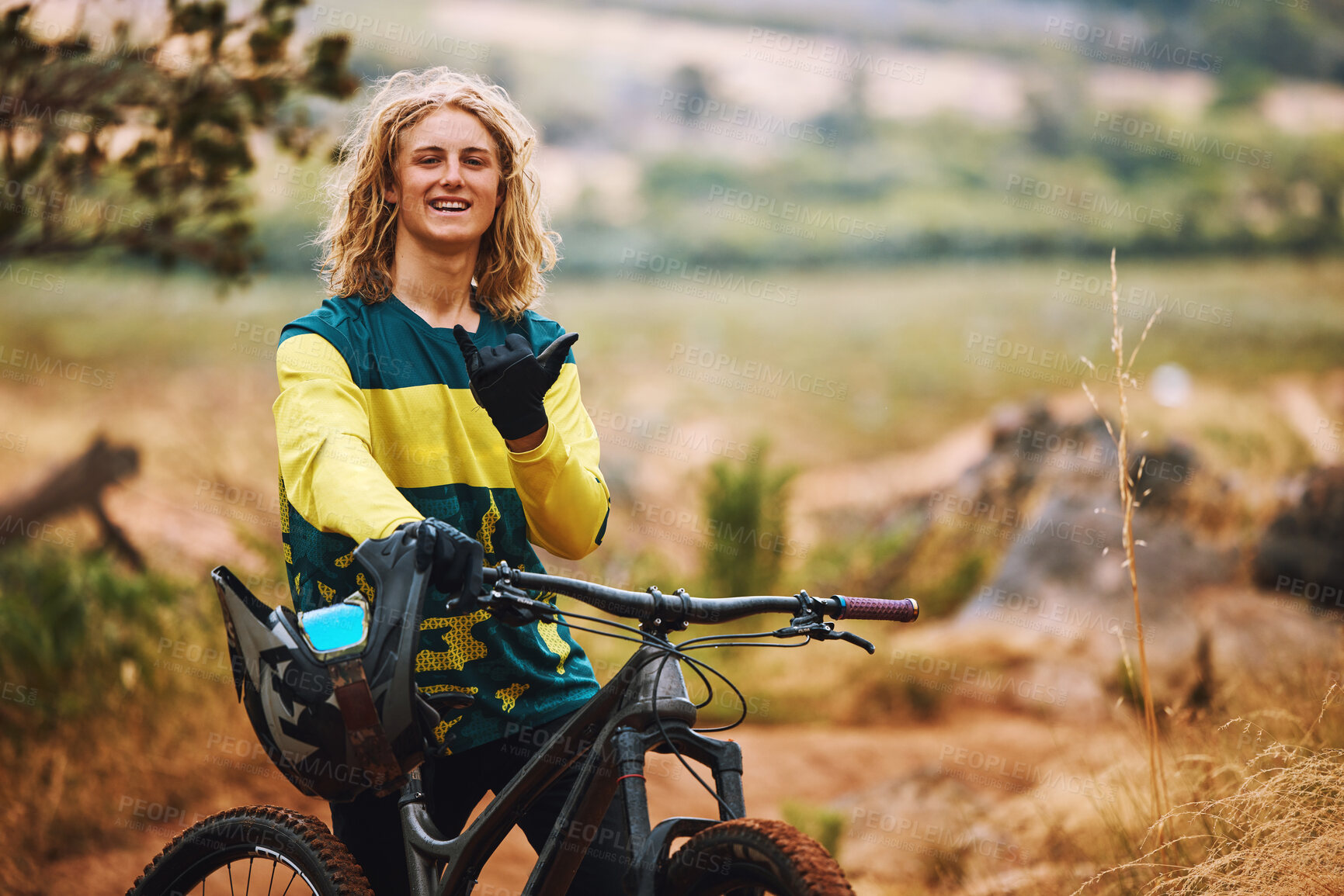Buy stock photo Sports, bike and cyclist man hand sign in nature on a park trail with a smile. Portrait of an adventure athlete on a bicycle ready for cycling, sport and fitness in a mountain park road in nature