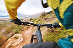 Mountain, fast and hands cycling with speed on nature trail for bicycle fitness, race or workout. Bike, action and cyclist man with blur movement and motion on outdoor adventure in Mexico.
