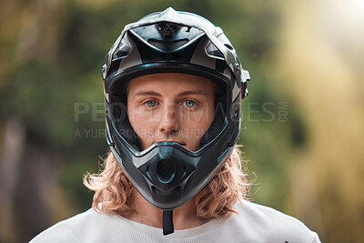 Buy stock photo Biker man portrait, helmet and face of outdoor rider with head safety gear for adventure, cycling and motorcycle workout. Bicycle, motorbike and sports athlete ready for race training on in Australia