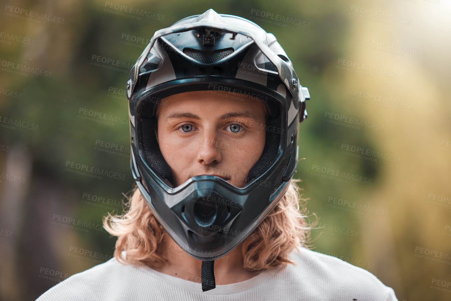 Buy stock photo Biker man portrait, helmet and face of outdoor rider with head safety gear for adventure, cycling and motorcycle workout. Bicycle, motorbike and sports athlete ready for race training on in Australia