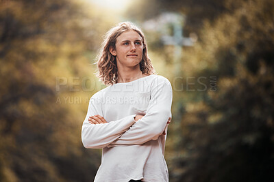 Buy stock photo Man, arms crossed or thinking of nature environment sustainability, climate change goal or environmental target in forest woods. Happy, satisfied or planet earth volunteer and recycle innovation idea
