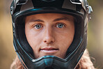 Biker. helmet and portrait of a man with a smile while riding or doing sports training outdoor in nature. Adventure, sport and face of cyclist from Australia cycling for exercise, fitness or workout.