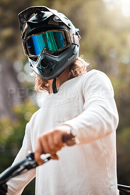 Buy stock photo Helmet, off road and cycling portrait of man ready for ride with safety sport gear and glasses. Nature, exercise and bicycle wellness person with protection equipment for outdoor adventure.

