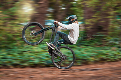 Buy stock photo Bike, cycling and nature motor cross drive of a adventure, fast energy and sport man on a dirt road. Bicycle ride of a sports person on a forest trail in the woods with a cyclist and  race rider 