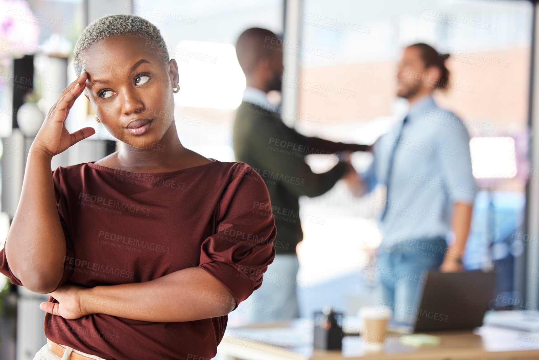 Buy stock photo Annoyed, attitude and business woman in office, roll eyes at gender inequality, prejudice and unfair workplace. Sexism, discrimination and frustrated black woman in boardroom after business meeting