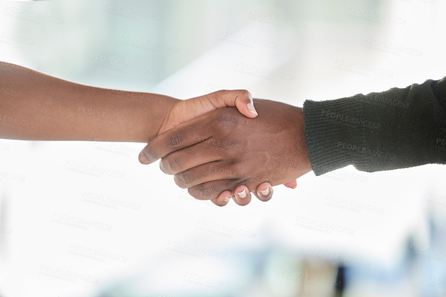 Buy stock photo Business handshake, agreement and client deal success of hands together for a b2b partnership. Thank you, welcome and black business workers at feeling motivation, teamwork and collaboration goal
