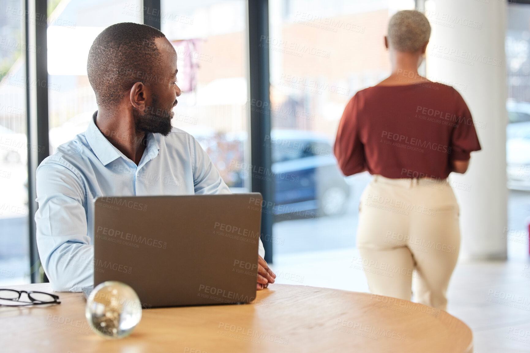 Buy stock photo Woman sexual harassment, ass and business man looking, peep and spy on company colleague, coworker or staff workforce. Me Too, toxic workplace and wrong black man or office employee watch girl's butt