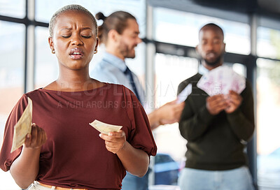 Buy stock photo Black woman, unequal pay and confused by wages, paycheck and quote in office, frustrated and annoyed. Angry, woman and reading salary slip with happy colleagues in background, unfair and compensation