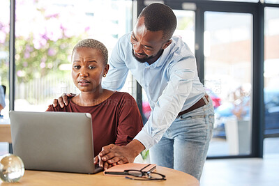 Buy stock photo Sexual harassment, office and woman with businessman or boss in workplace for Human Resources compliance review. Company employee scared, fear and sad for gender equality problem and hr report risk