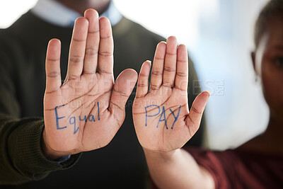 Buy stock photo Equal pay, gender bias and salary inequality protest in workplace of corporate employees, professional colleagues and job. Pay gap, sexism and unfair financial compensation or payment for woman staff