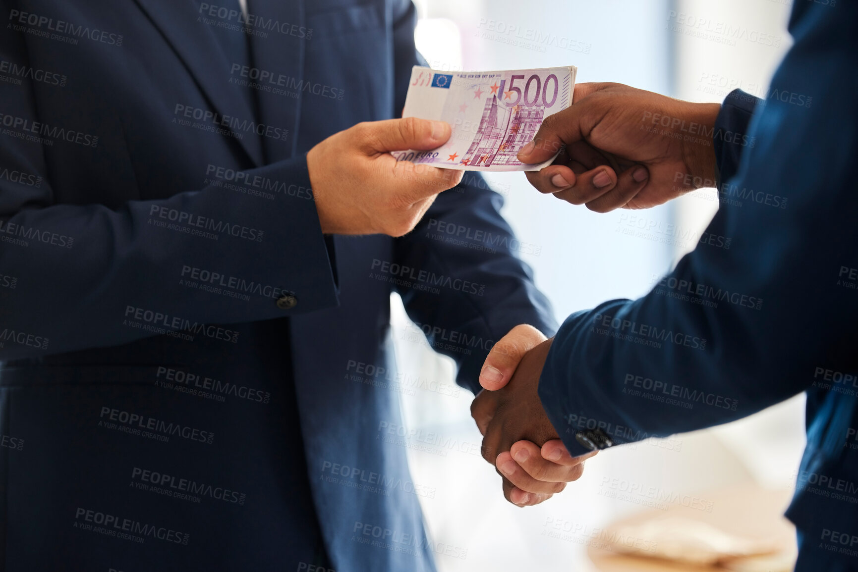 Buy stock photo Business fraud, corruption handshake and money deal, scam and criminal giving euro notes, bribery payment and illegal trading offer. Bad politician shaking hands for crime, cash and money laundering 