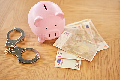 Buy stock photo Piggy bank, money and handcuffs fraud crime for euro scam, corruption and criminal wealth exchange. Economy crisis, bankruptcy and illegal euros for taxes bribe or bank dollars payment offer.