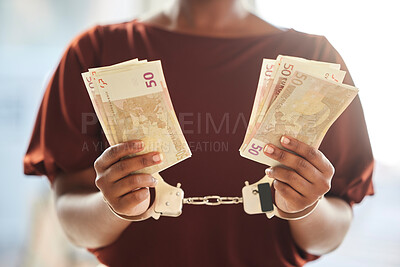 Buy stock photo Corporate fraud, cash scam or money laundering deal of a business black woman with handcuffs. Legal justice of a caught finance crime and investment white collar corruption in court, jail or prison
