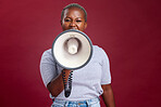 Megaphone, noise and woman in studio for vote, voice and message of change, transformation and democracy on red background. Speaker, black woman and portrait girl speaking protest, strike and opinion