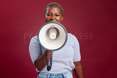 Buy stock photo Megaphone, noise and woman in studio for vote, voice and message of change, transformation and democracy on red background. Speaker, black woman and portrait girl speaking protest, strike and opinion