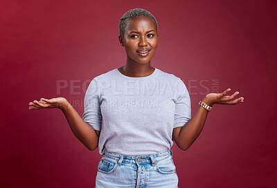 Buy stock photo Confused, question and why black woman on studio red background, body language and facial gesture for risk decision, shrug and reaction. Uncertainty, unsure and frustrated model, doubt and confusion 