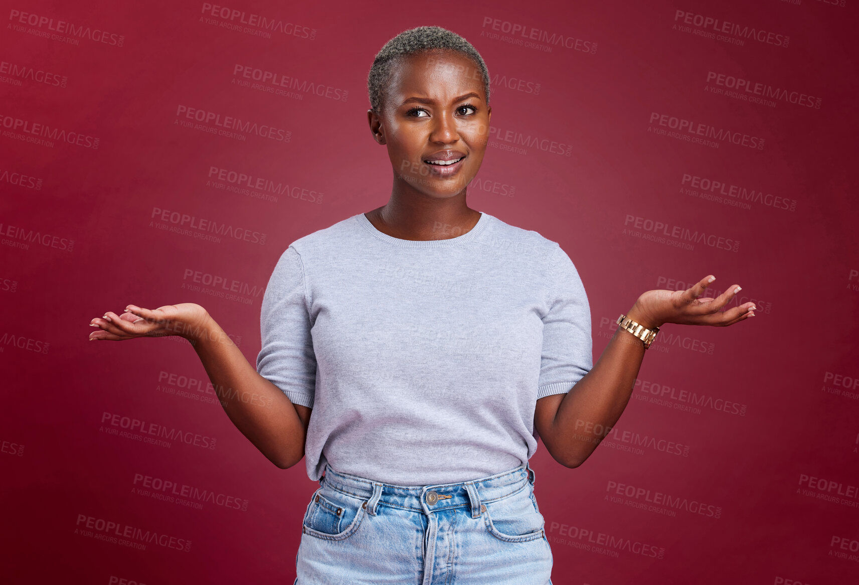 Buy stock photo Confused, question and why black woman on studio red background, body language and facial gesture for risk decision, shrug and reaction. Uncertainty, unsure and frustrated model, doubt and confusion 