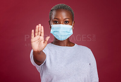 Buy stock photo Covid, stop and healthcare with hands of black woman for safety, healthcare and global pandemic. Warning, caution and risk sign with portrait of girl for attention to virus, danger and sick