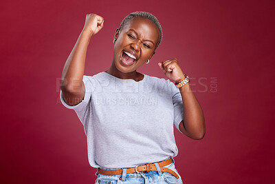 Buy stock photo Celebration, black woman and excited person showing happiness and winner feeling. Winning motivation, achievement and happy smile of a female win with a celebrate victory feeling from success
