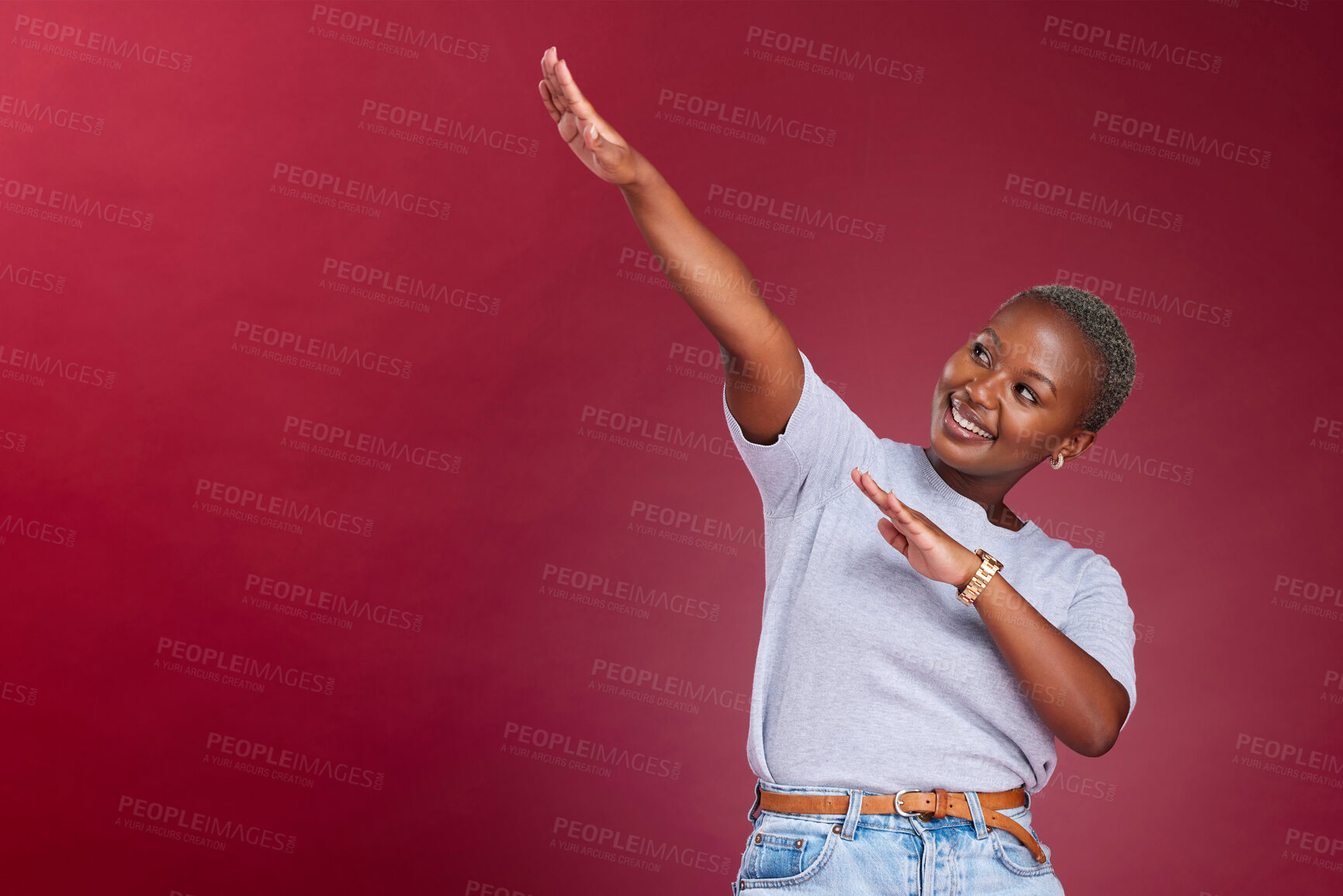 Buy stock photo Dance, marketing and happy black woman in studio with a red background in celebration of a sale or discount. Success, winner and excited African girl dancing with pride with advertising mockup space