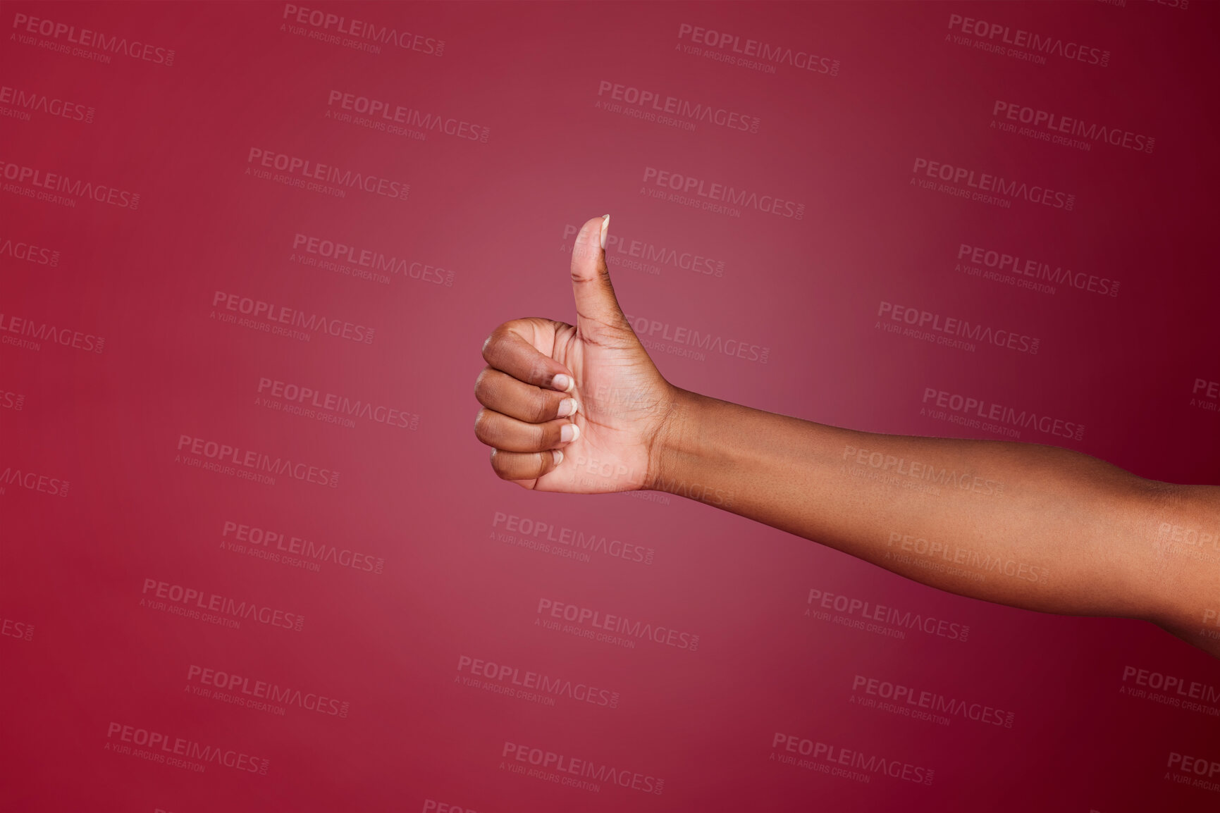 Buy stock photo Thumbs up, yes and agreement hand sign of a black woman showing support, motivation and success. Thank you, goal and happy winner hands gesture to show good news, done goal and achievement victory
