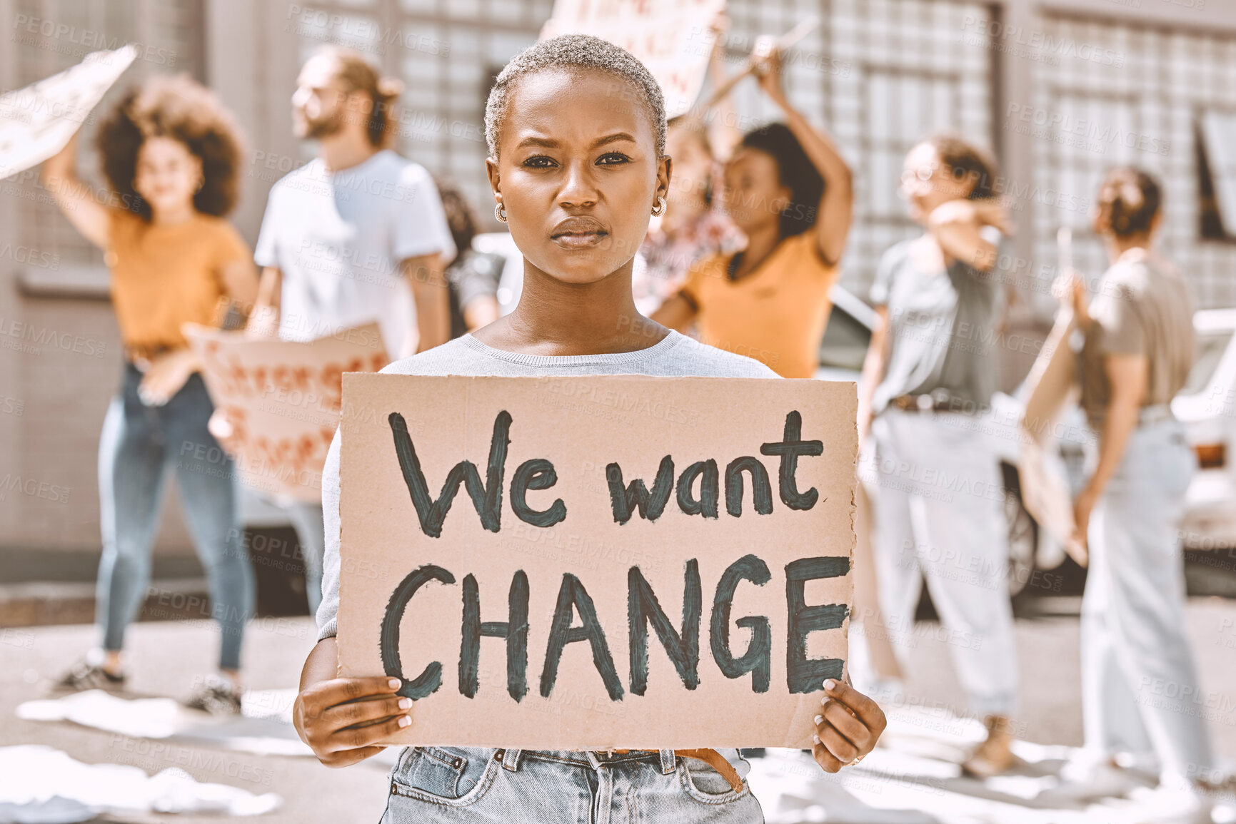 Buy stock photo Black woman, protest group and sign about peace, justice and gender equality in SA for political leadership. Freedom, human rights and activist marching against climate change, racism and corruption 