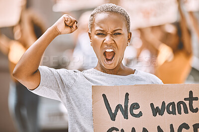 Buy stock photo Power, motivation and scream protest of a black woman protesting for social change. Portrait of a young woman activist from New York fighting for women equal rights and justice for black lives matter