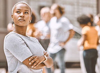 Buy stock photo Vision, thinking and black woman being thoughtful while in the city. Future, dreaming and think with an african American female contemplating ideas while daydreaming with arms crossed in urban town