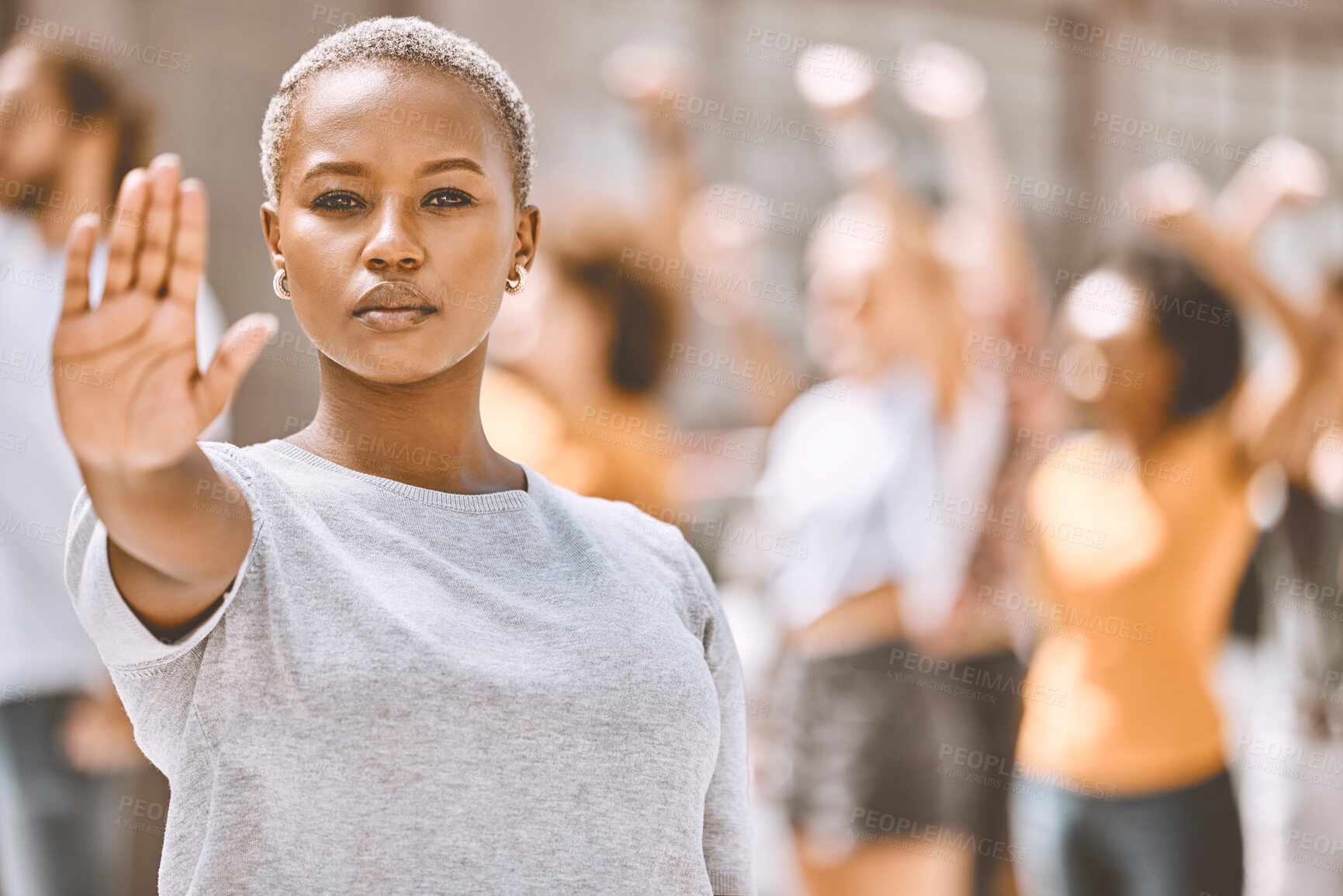 Buy stock photo Black woman protest, stop hand sign on street or human rights equality, activism group for freedom in city. Portrait of woman against gender violence abuse, for change future of women or black people