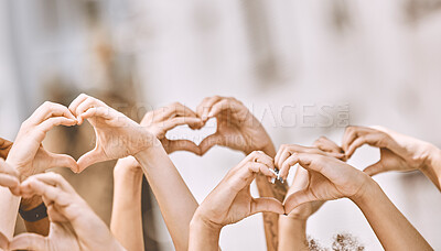 Buy stock photo Heart sign, hands in air and peace for love, solidarity and have hope together for humanity. Community, hand gesture in air and being loving for collaboration, people equality and justice in society.