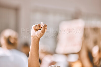 Buy stock photo Protest, equality and fist in air in city, crowd of people in street protesting for human rights, freedom and marching. Black lives matter movement, social justice and raised hand of black person